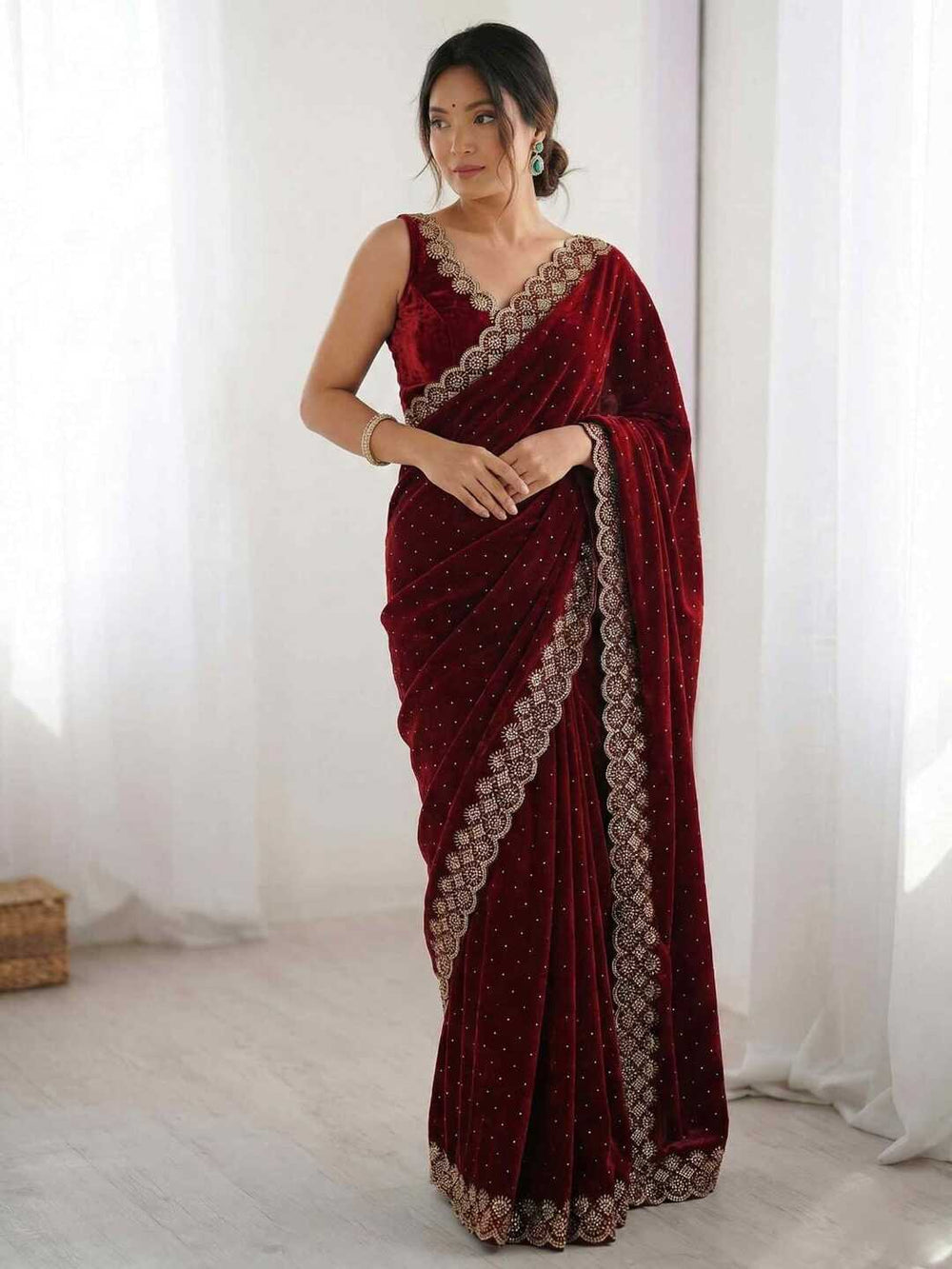 Elegant Maroon Georgette Saree with Golden Embroidered Border – Party & Festive Wear
