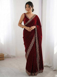 Elegant Maroon Georgette Saree with Golden Embroidered Border – Party & Festive Wear