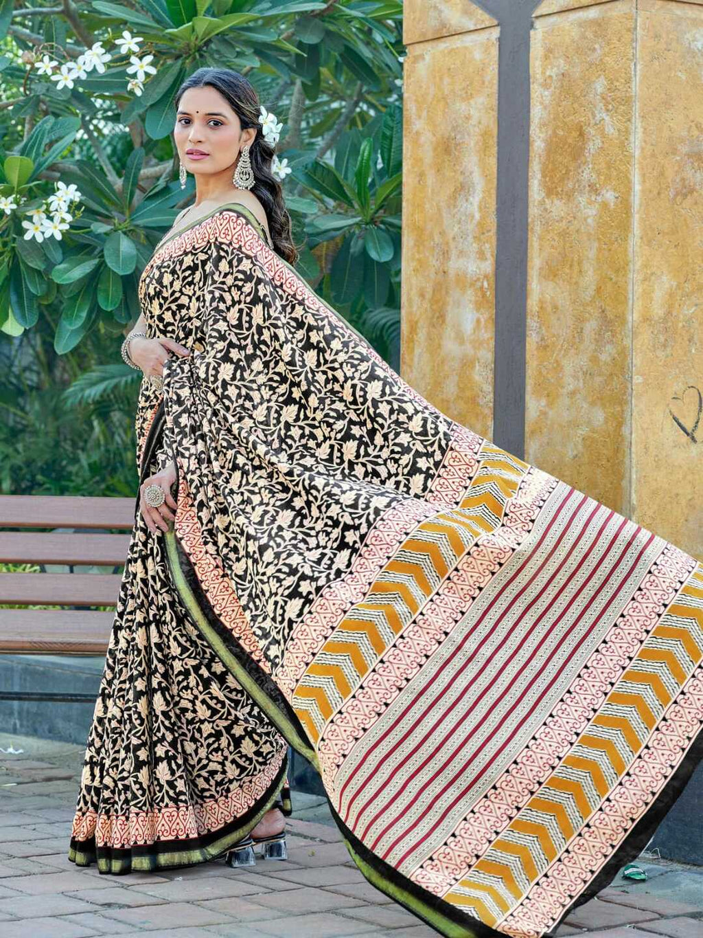 Classic Black Printed Pure Cotton Saree with Intricate Ethnic Border