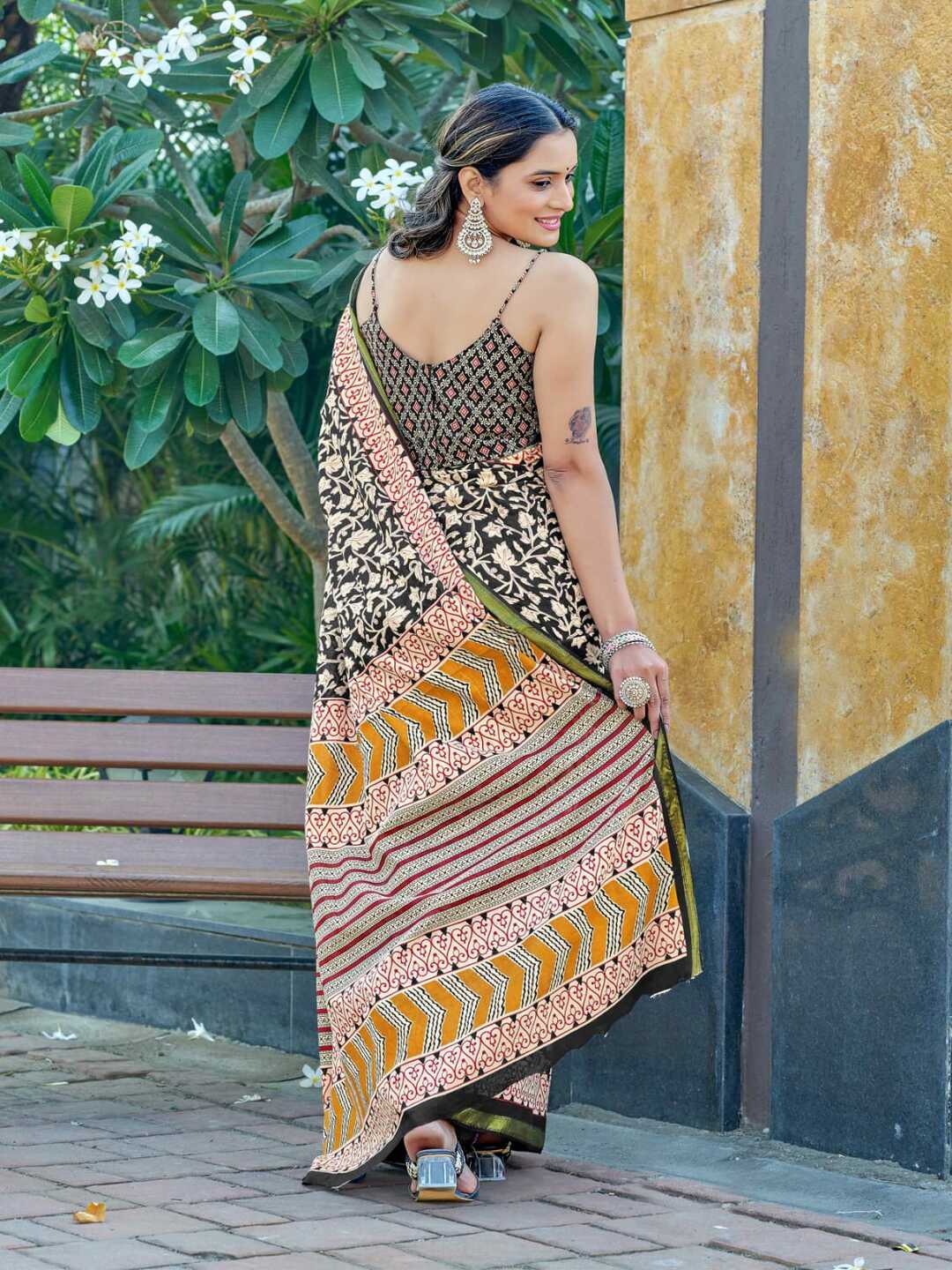 Classic Black Printed Pure Cotton Saree with Intricate Ethnic Border