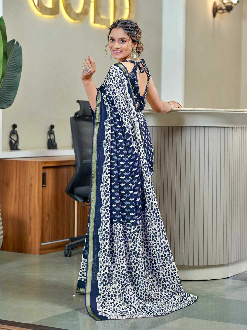 Elegant Navy Blue & White Printed Pure Cotton Saree with Classic Border