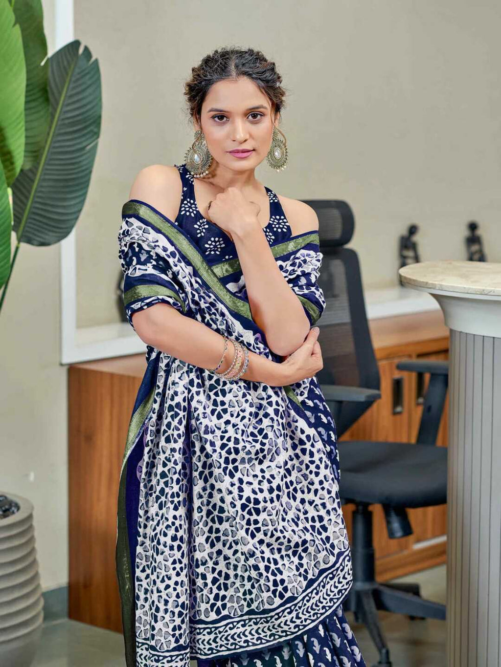 Elegant Navy Blue & White Printed Pure Cotton Saree with Classic Border
