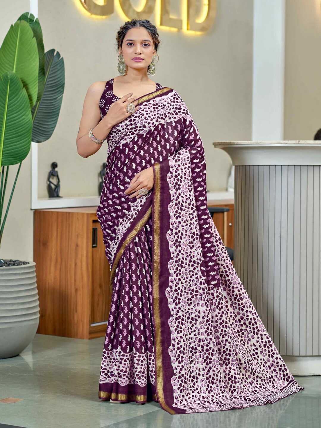 Elegant Navy Blue & White Printed Pure Cotton Saree with Classic Border