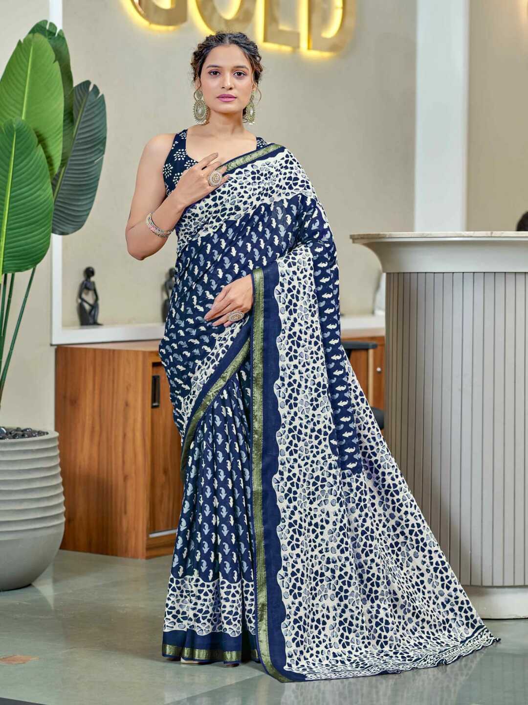 Elegant Navy Blue & White Printed Pure Cotton Saree with Classic Border