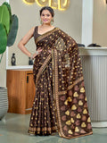 Elegant Chocolate Brown Printed Pure Cotton Saree with Golden Motifs
