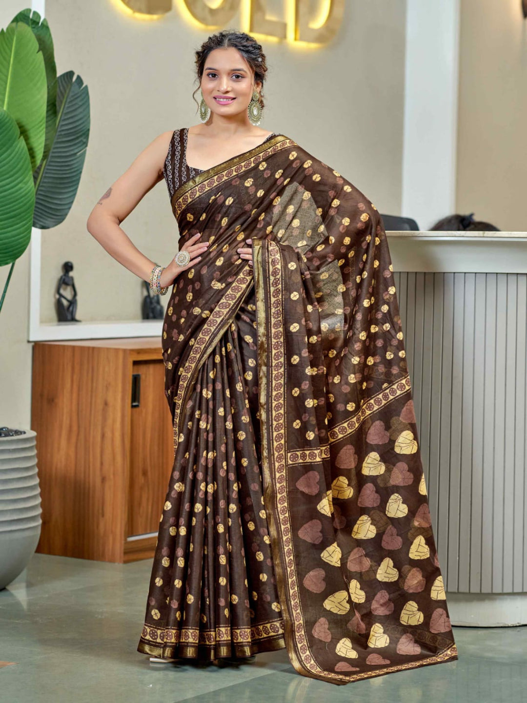 Elegant Chocolate Brown Printed Pure Cotton Saree with Golden Motifs
