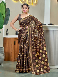 Elegant Chocolate Brown Printed Pure Cotton Saree with Golden Motifs
