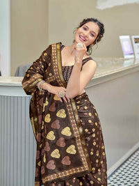 Elegant Chocolate Brown Printed Pure Cotton Saree with Golden Motifs
