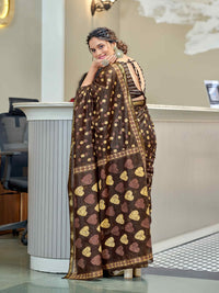 Elegant Chocolate Brown Printed Pure Cotton Saree with Golden Motifs