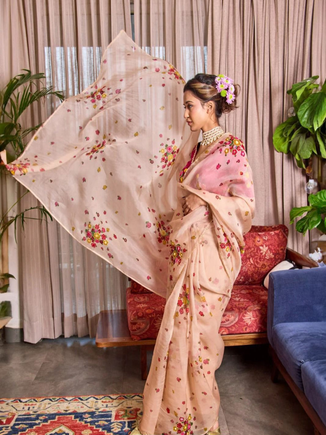 Organza Blush Pink Saree with Multicolor Floral Embroidery & Designer Blouse