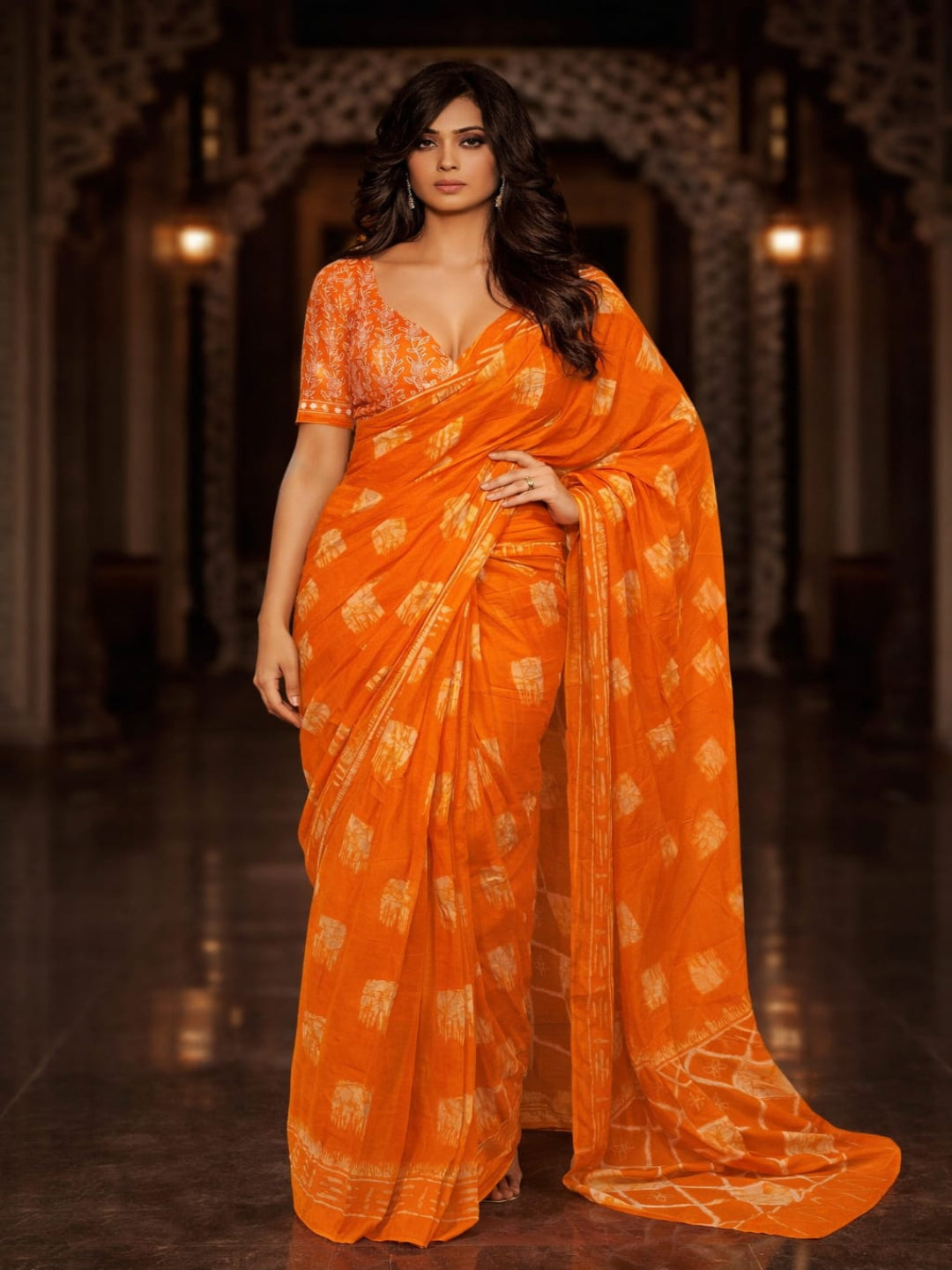 Pure Cotton Bright Orange Traditional Printed Saree