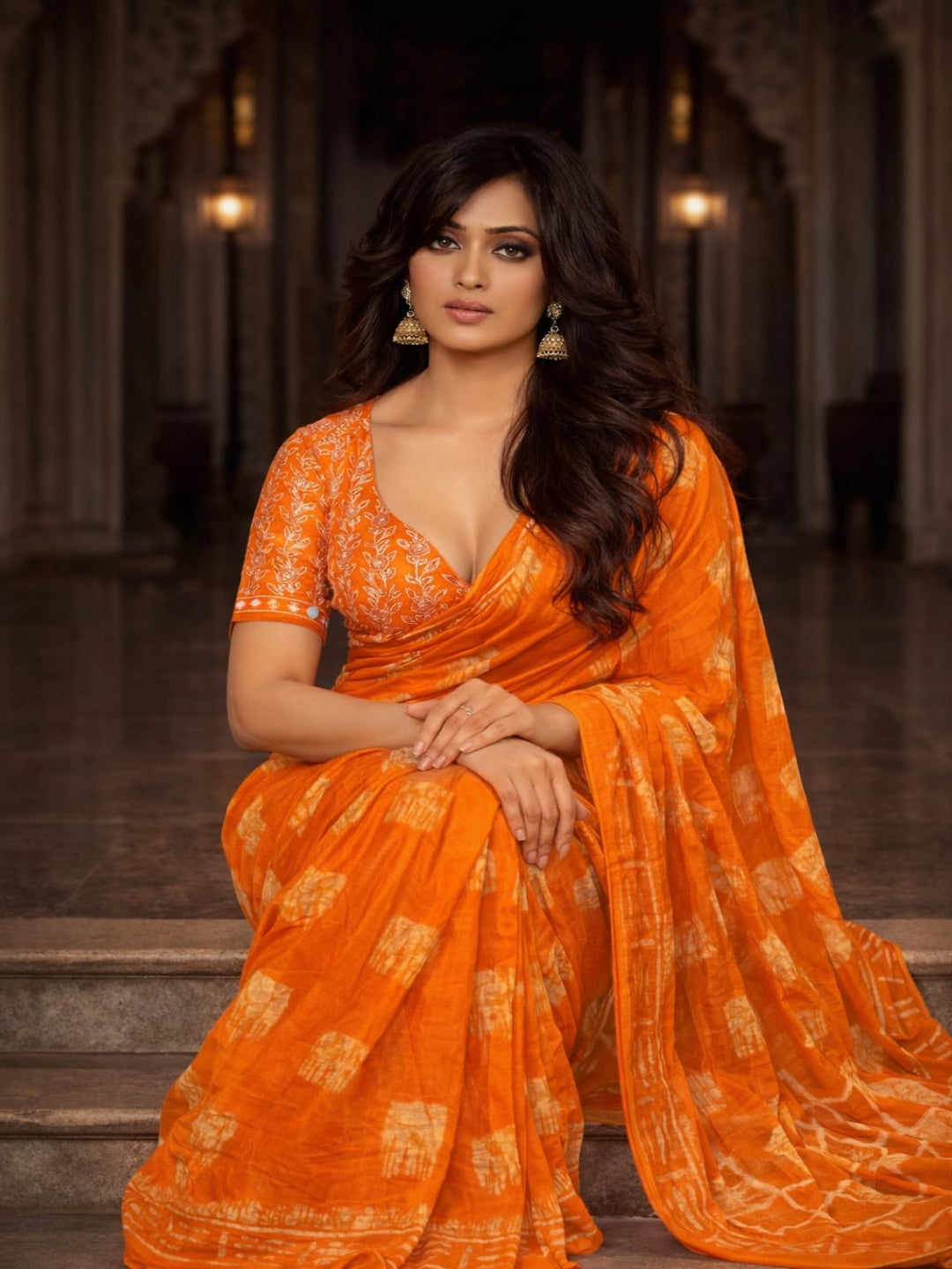Pure Cotton Bright Orange Traditional Printed Saree