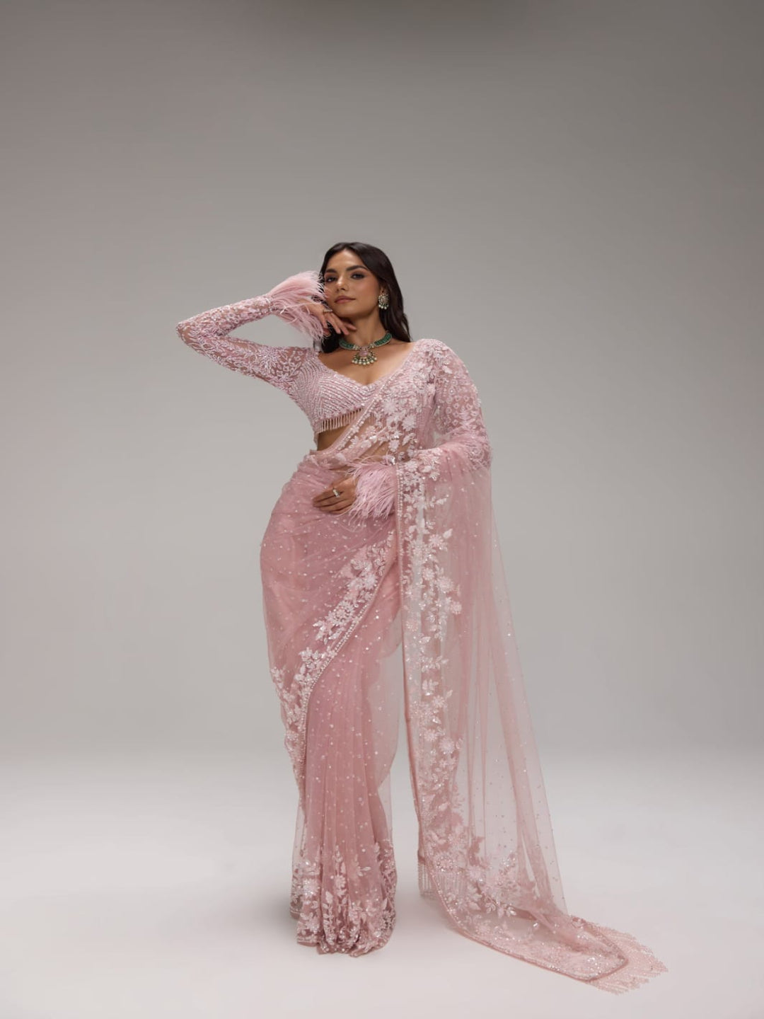 Elegant Powder Pink Tulle Saree with Feather Detailing