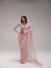 Elegant Powder Pink Tulle Saree with Feather Detailing