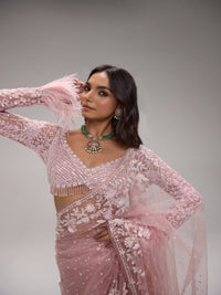 Elegant Powder Pink Tulle Saree with Feather Detailing