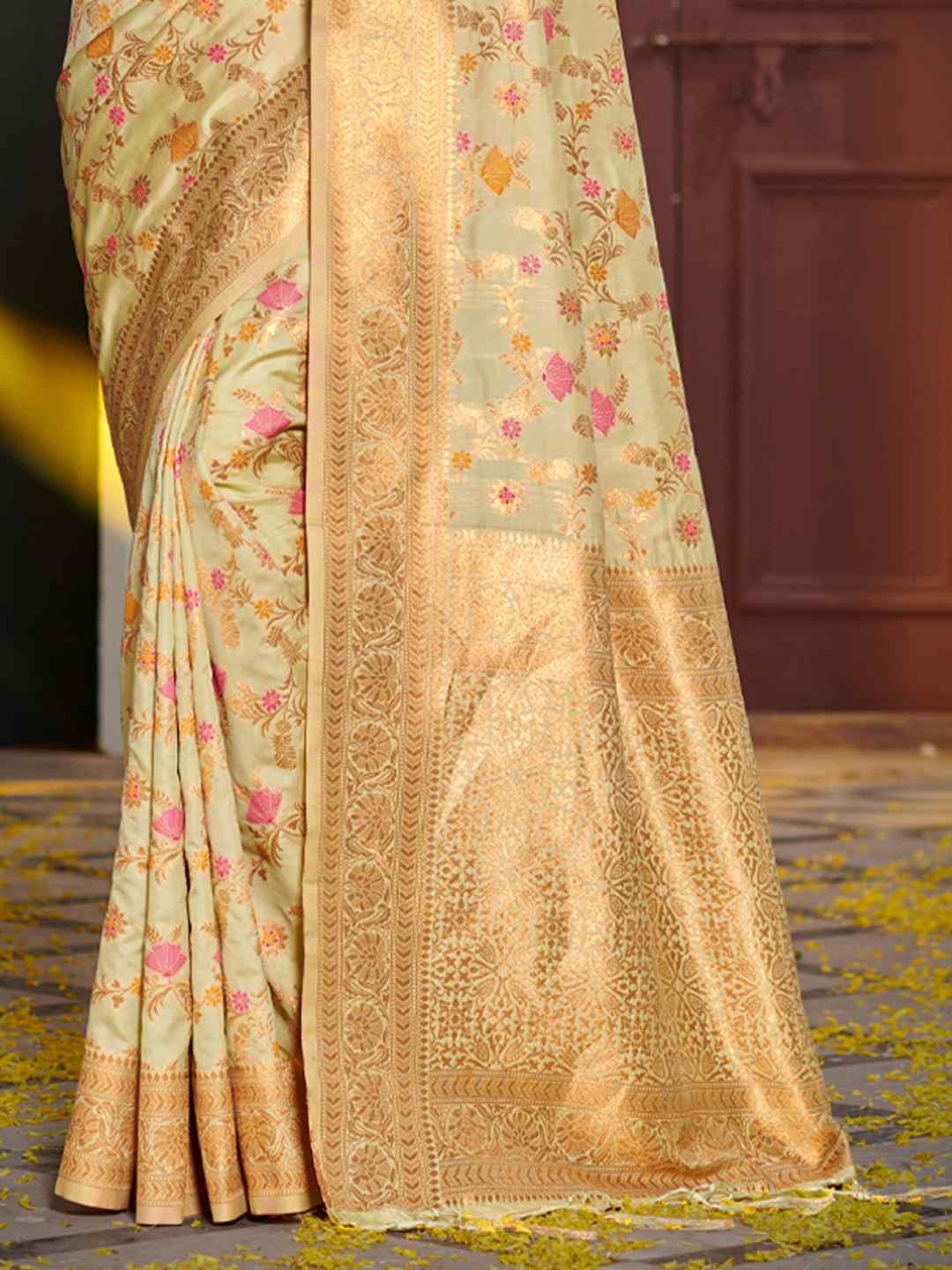 Mustard Yellow Banarasi Silk Saree with Golden Zari Work, Traditional Weave