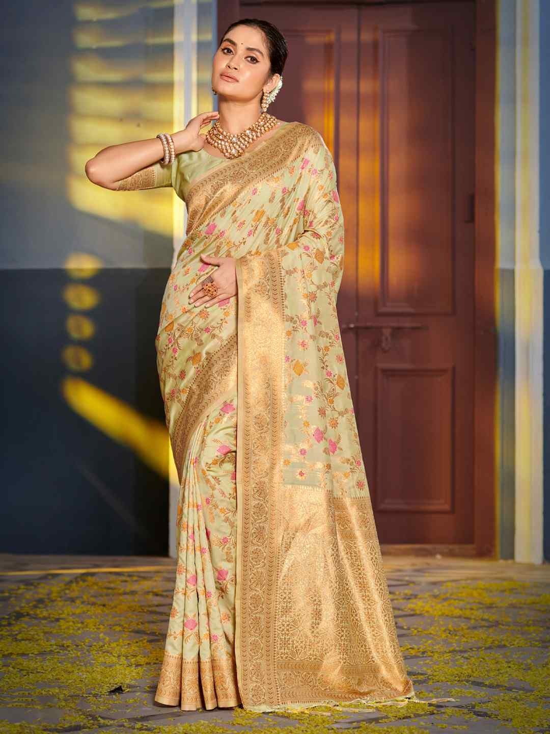 Mustard Yellow Banarasi Silk Saree with Golden Zari Work, Traditional Weave