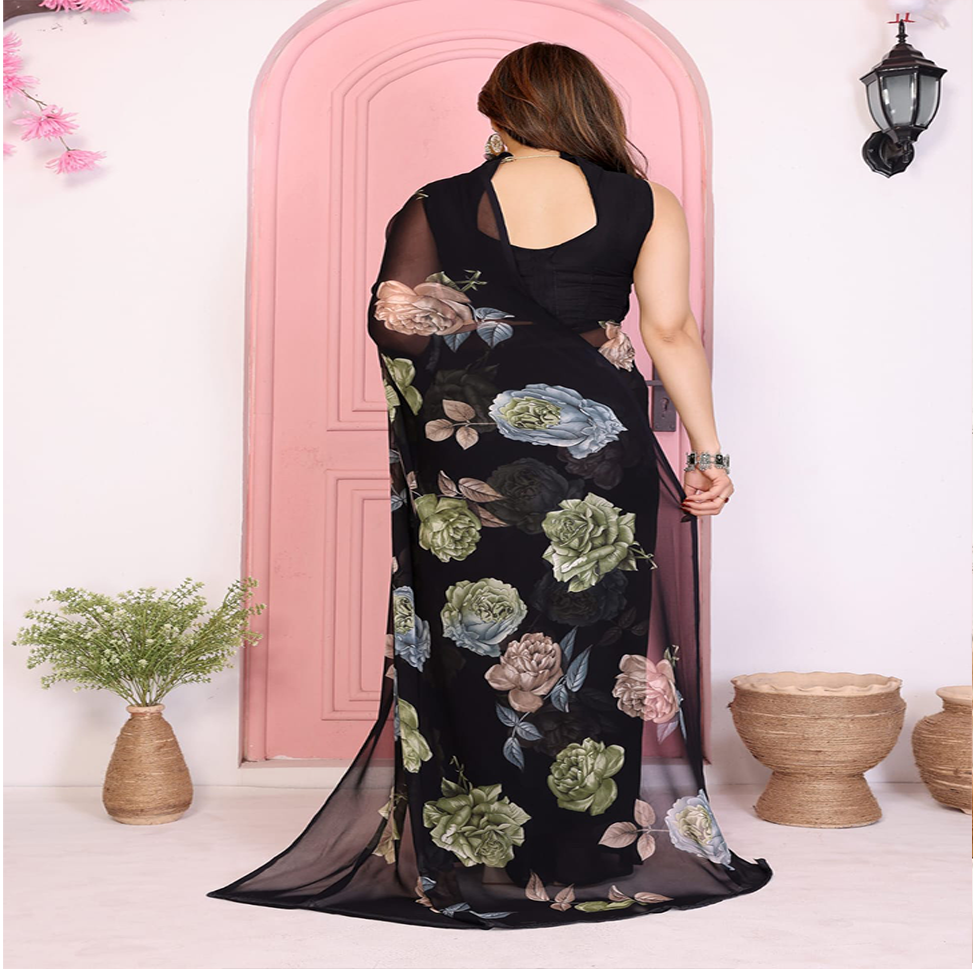 Elegant Black Floral Printed Chiffon Saree with Flower Design – Stylish Party & Casual Wear