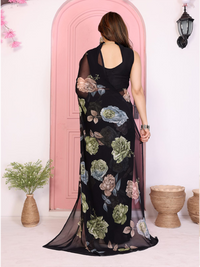 Elegant Black Floral Printed Chiffon Saree with Flower Design – Stylish Party & Casual Wear
