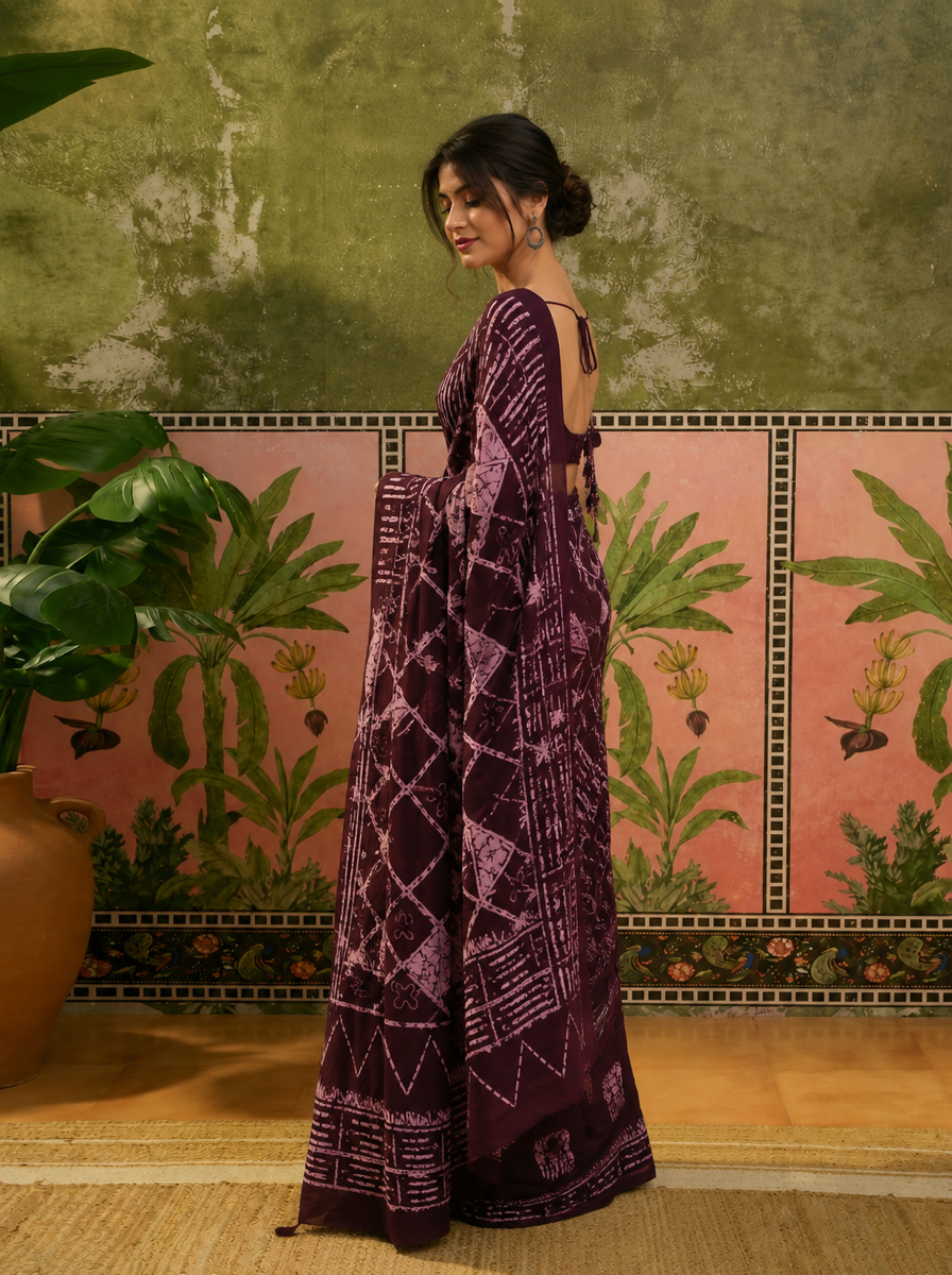 Pure Cotton Wine Color Handblock Printed Saree - a199f5e2 0a02 4004 9f59 8c178f115d5c