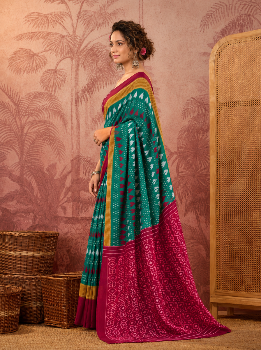 Pochampally Ikat Handloom Saree in Vibrant Orange and Blue.
