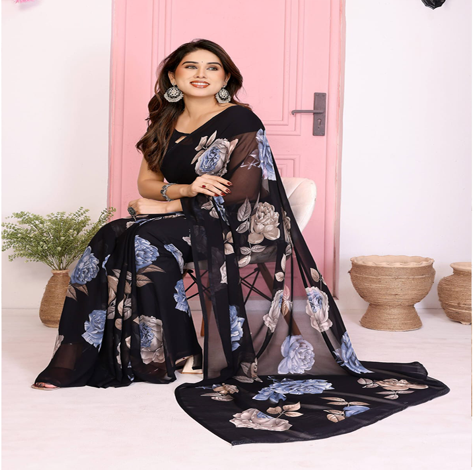 Elegant Black Floral Printed Chiffon Saree with Flower Design – Stylish Party & Casual Wear