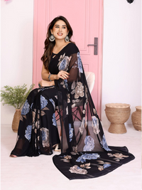 Elegant Black Floral Printed Chiffon Saree with Flower Design – Stylish Party & Casual Wear