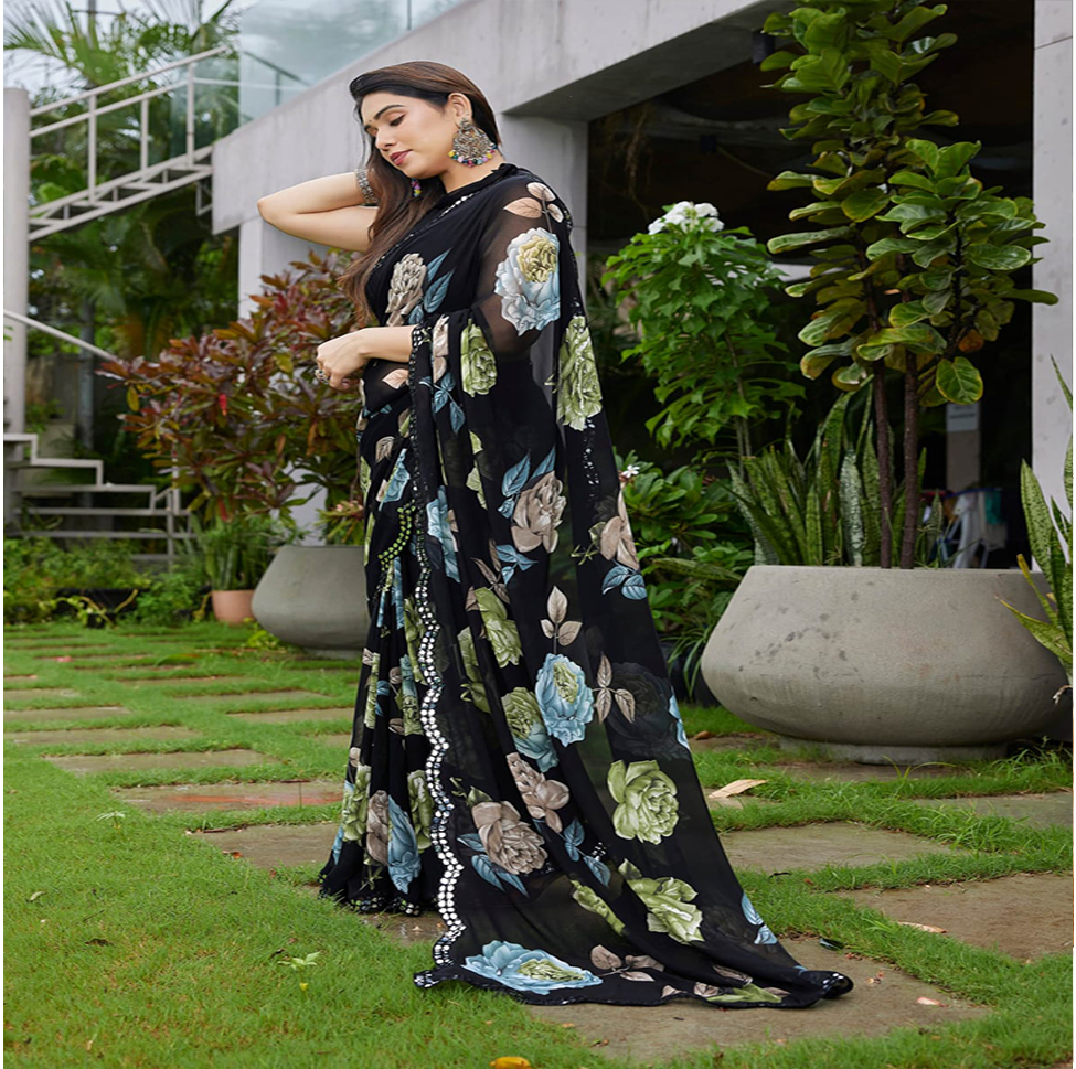 Elegant Black Floral Printed Georgette Saree with Designer Border – Party Wear & Casual Wear