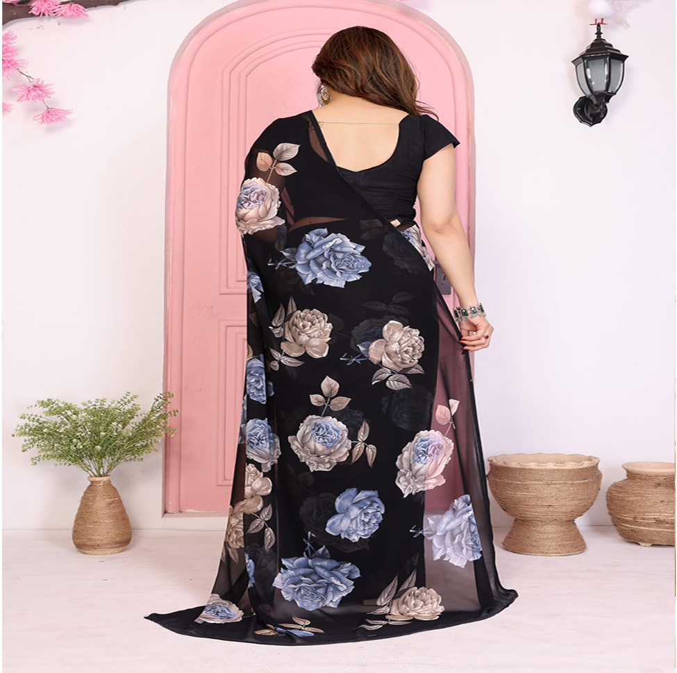 Elegant Black Floral Printed Chiffon Saree with Flower Design – Stylish Party & Casual Wear