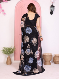 Elegant Black Floral Printed Chiffon Saree with Flower Design – Stylish Party & Casual Wear