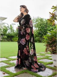 Elegant Black Floral Printed Georgette Saree with Designer Border – Party Wear & Casual Wear