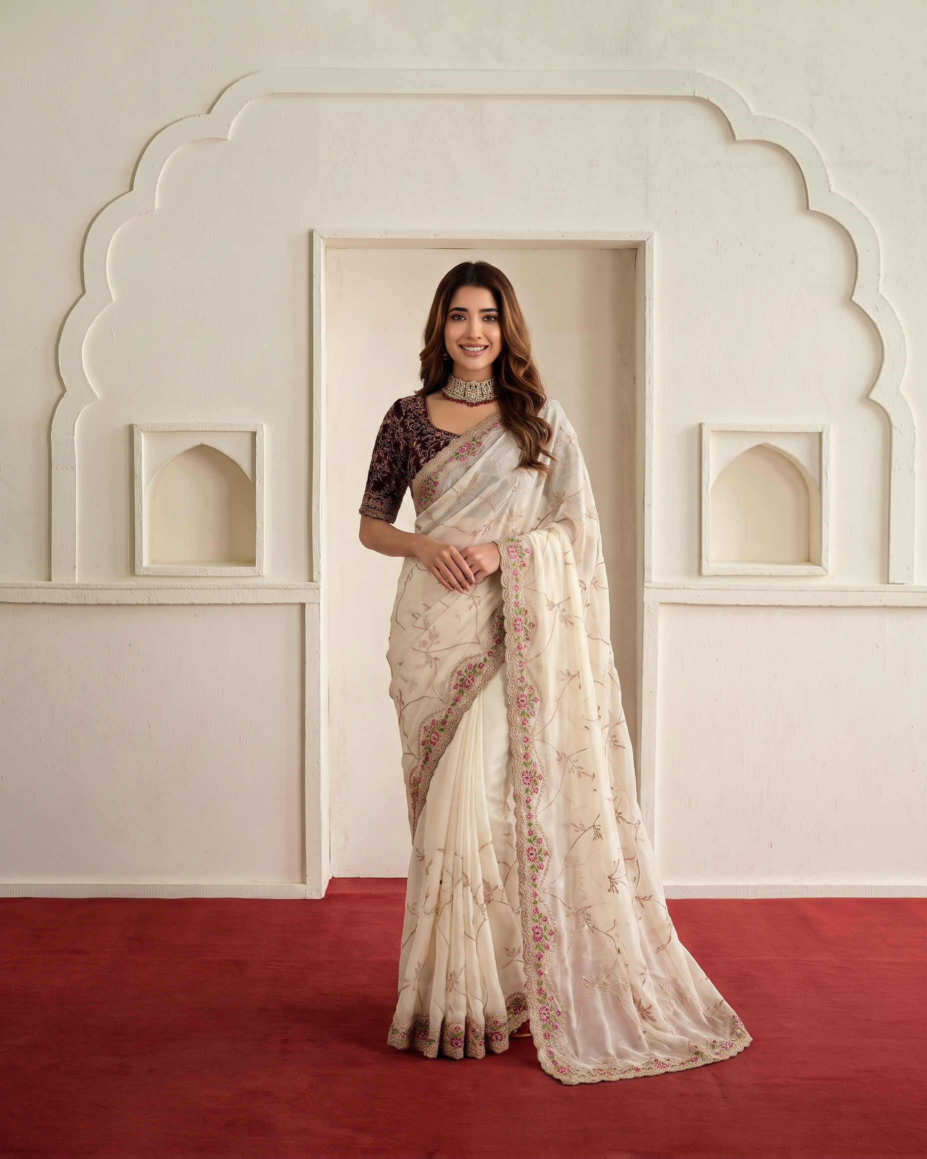 Aadhya Star Meena Jaal Festive Saree with Detailed Motifs - Cream - full saree hero