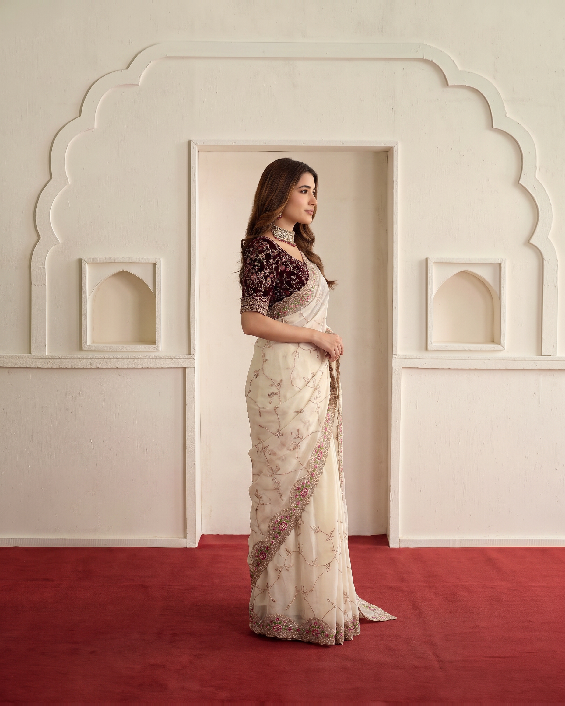 Aadhya Star Meena Jaal Festive Saree with Detailed Motifs - Cream - side