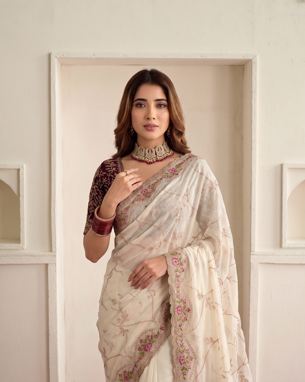 Aadhya Star Meena Jaal Festive Saree with Detailed Motifs - Cream - upper closeup