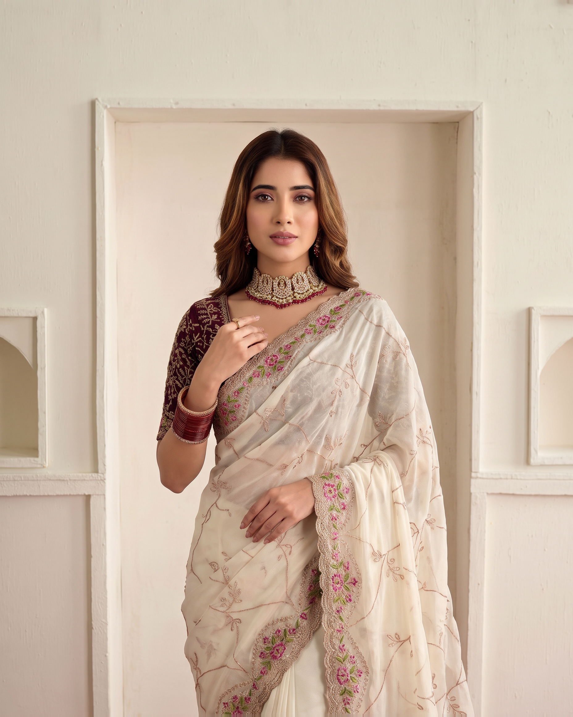 Aadhya Star Meena Jaal Festive Saree with Detailed Motifs - Cream - upper closeup