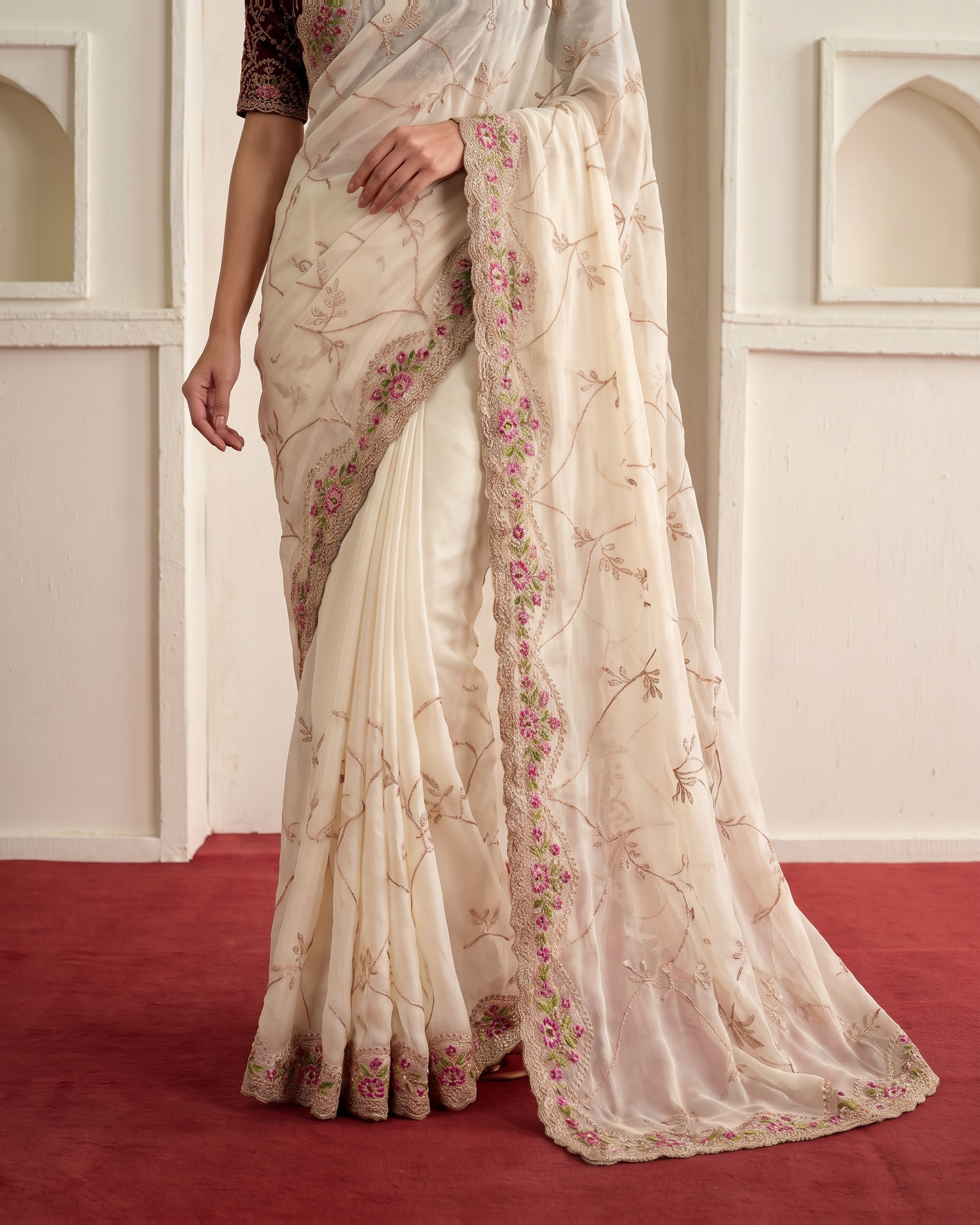 Aadhya Star Meena Jaal Festive Saree with Detailed Motifs - Cream - lower closeup