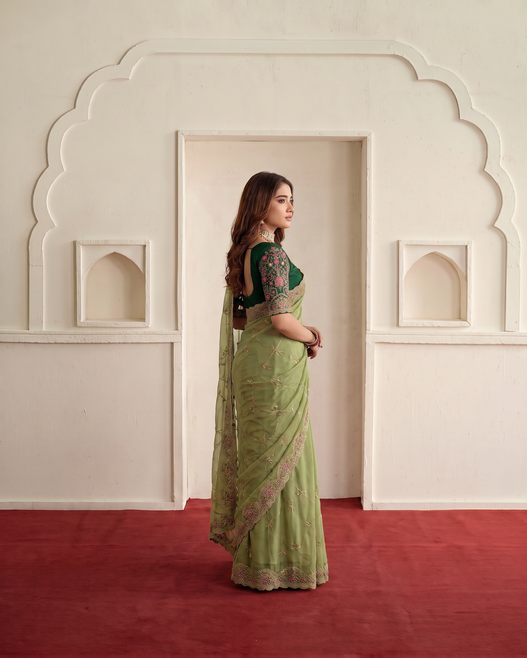 Aadhya Star Meena Jaal Festive Saree with Detailed Motifs - Green - side