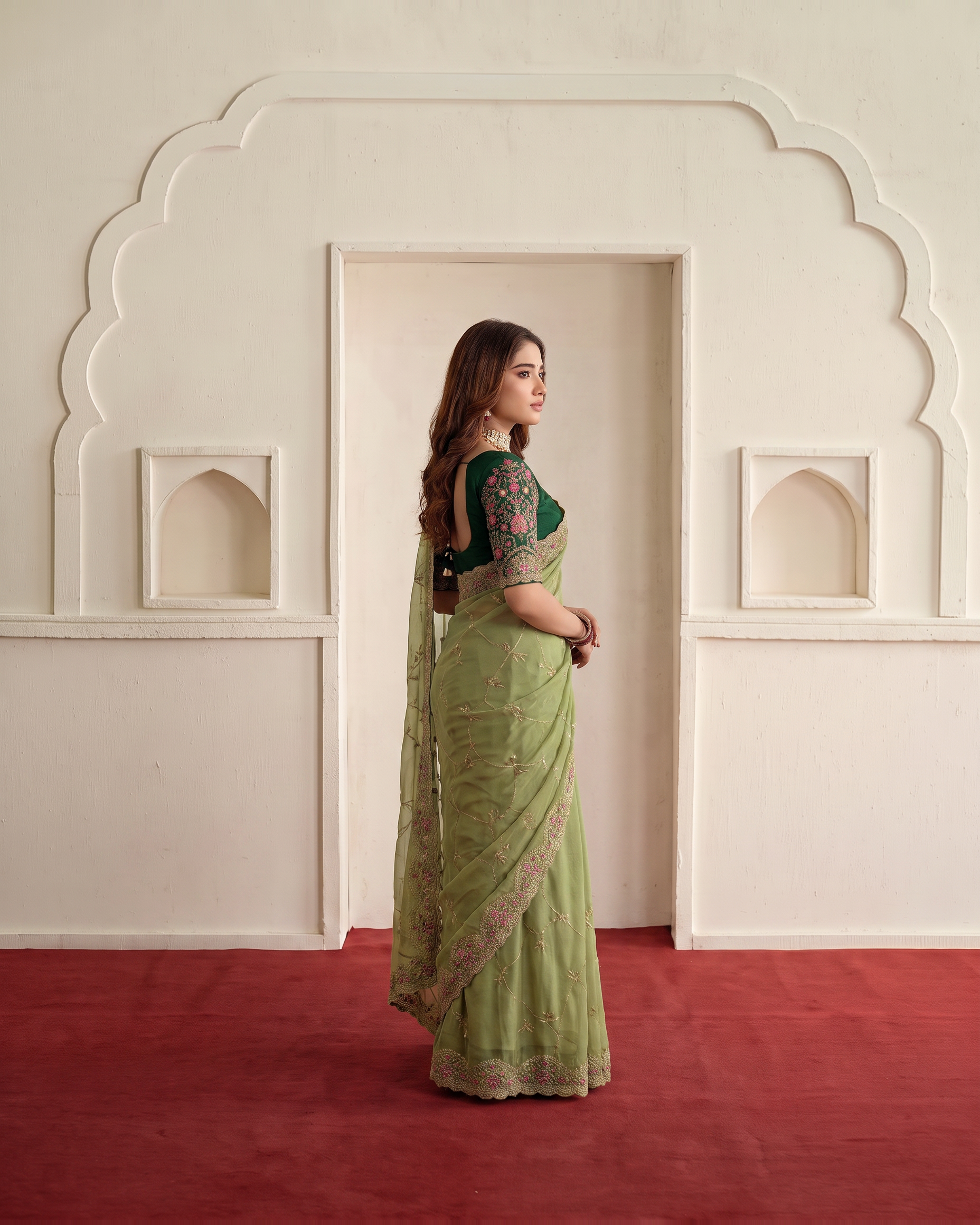 Aadhya Star Meena Jaal Festive Saree with Detailed Motifs - Green - side