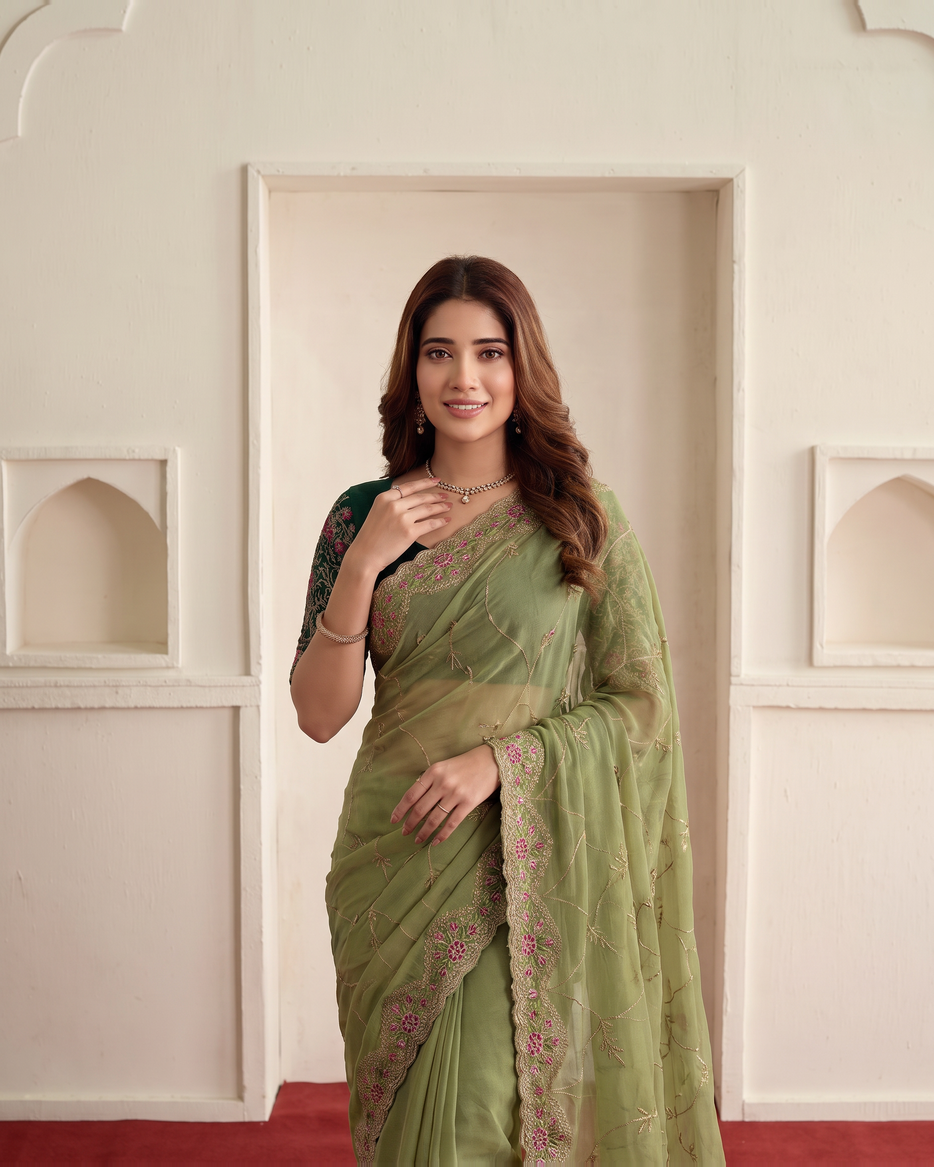 Aadhya Star Meena Jaal Festive Saree with Detailed Motifs - Green - upper closeup