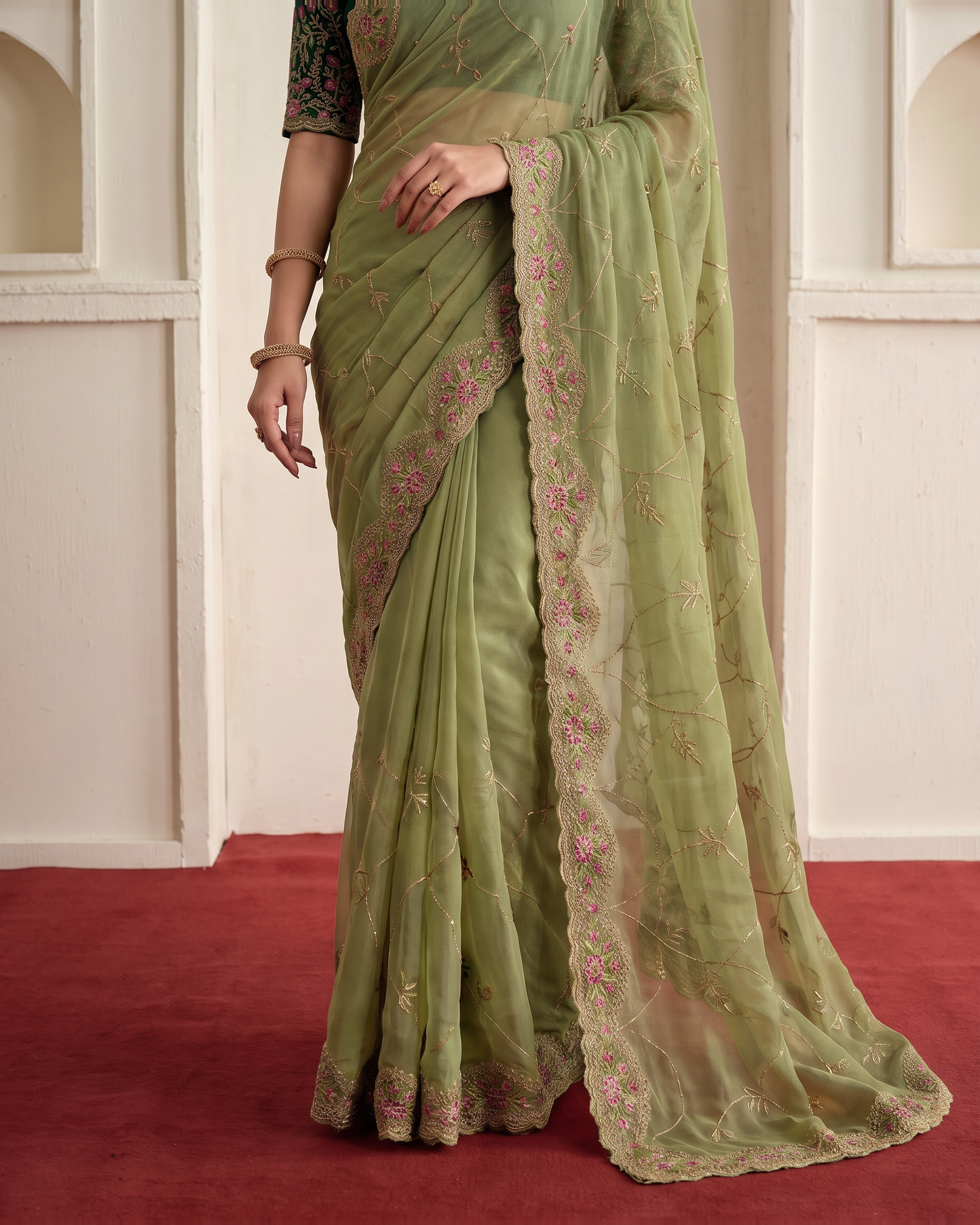 Aadhya Star Meena Jaal Festive Saree with Detailed Motifs - Green - lower closeup