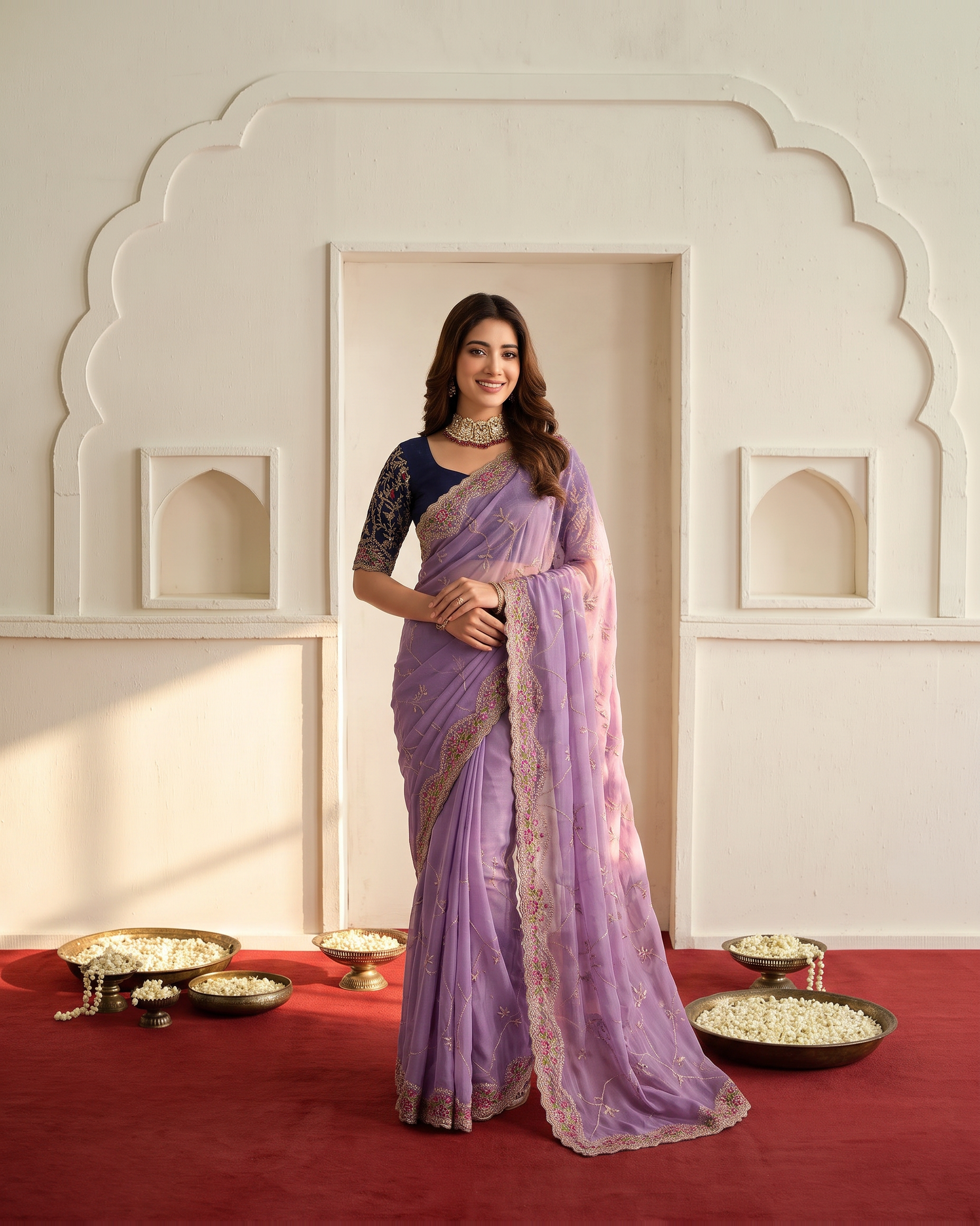 Aadhya Star Meena Jaal Festive Saree with Detailed Motifs - Lavender - full saree hero
