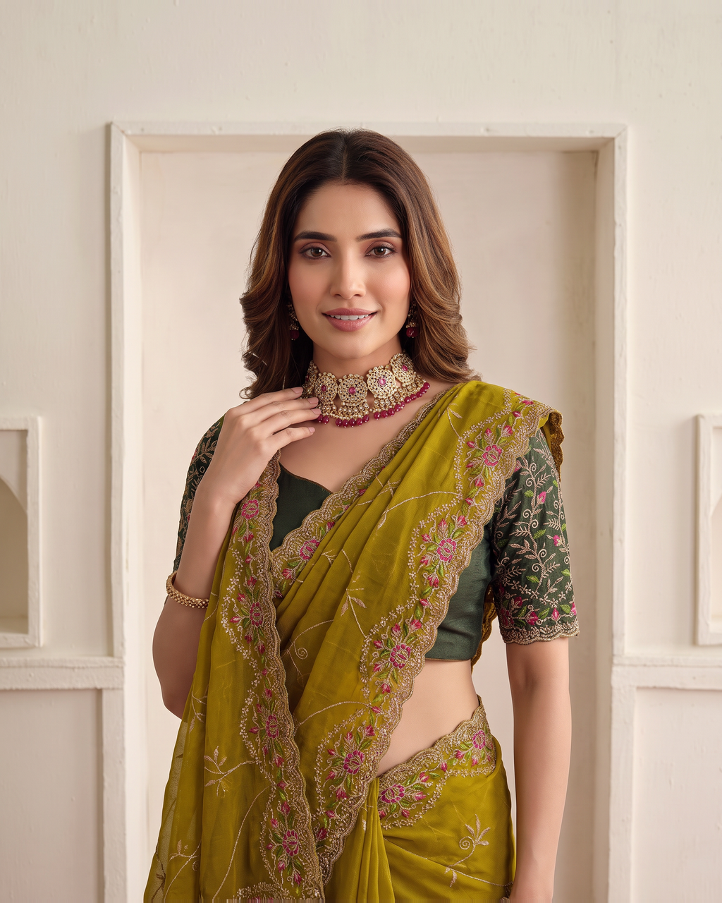 Aadhya Star Meena Jaal Festive Saree with Detailed Motifs - Mustard - upper closeup