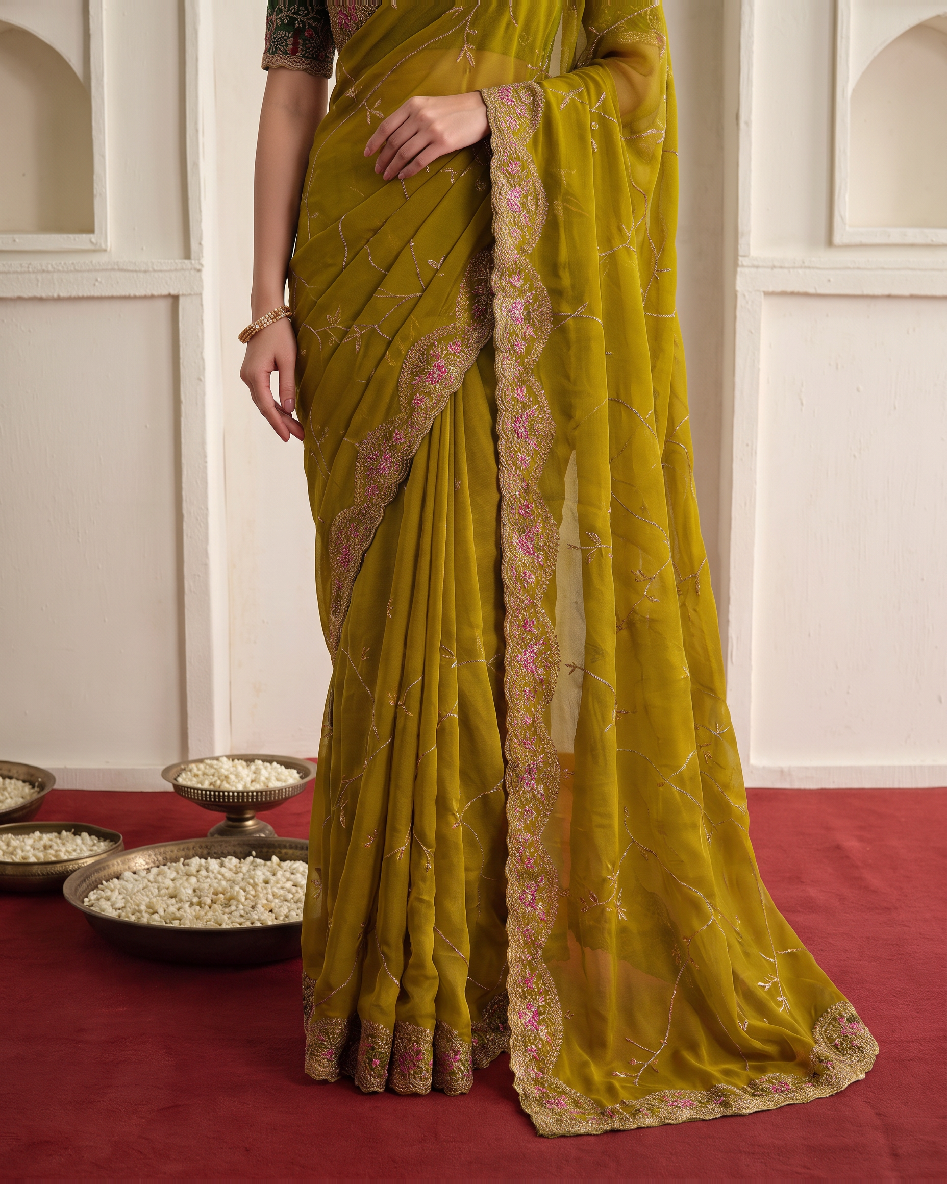 Aadhya Star Meena Jaal Festive Saree with Detailed Motifs - Mustard - lower closeup