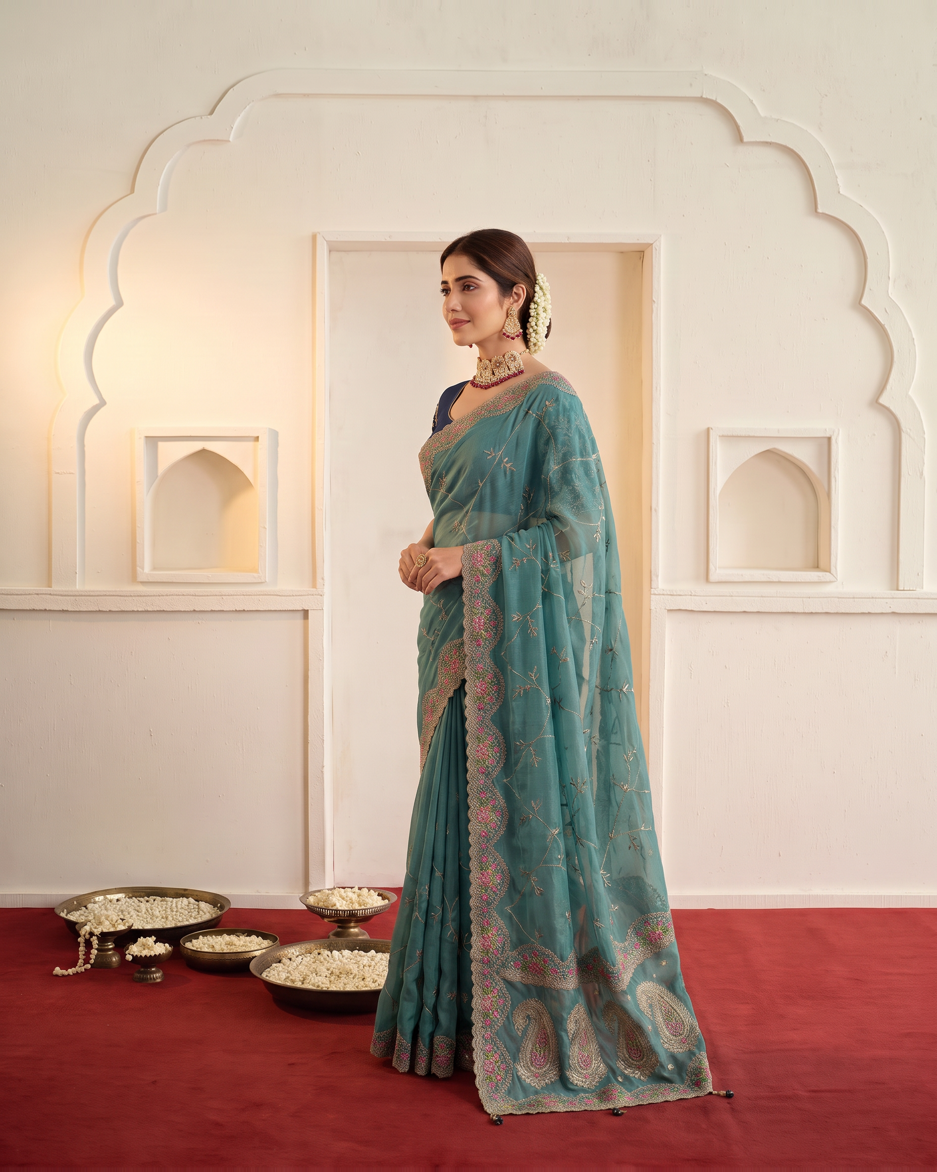 Aadhya Star Meena Jaal Festive Saree with Detailed Motifs - Teal - side