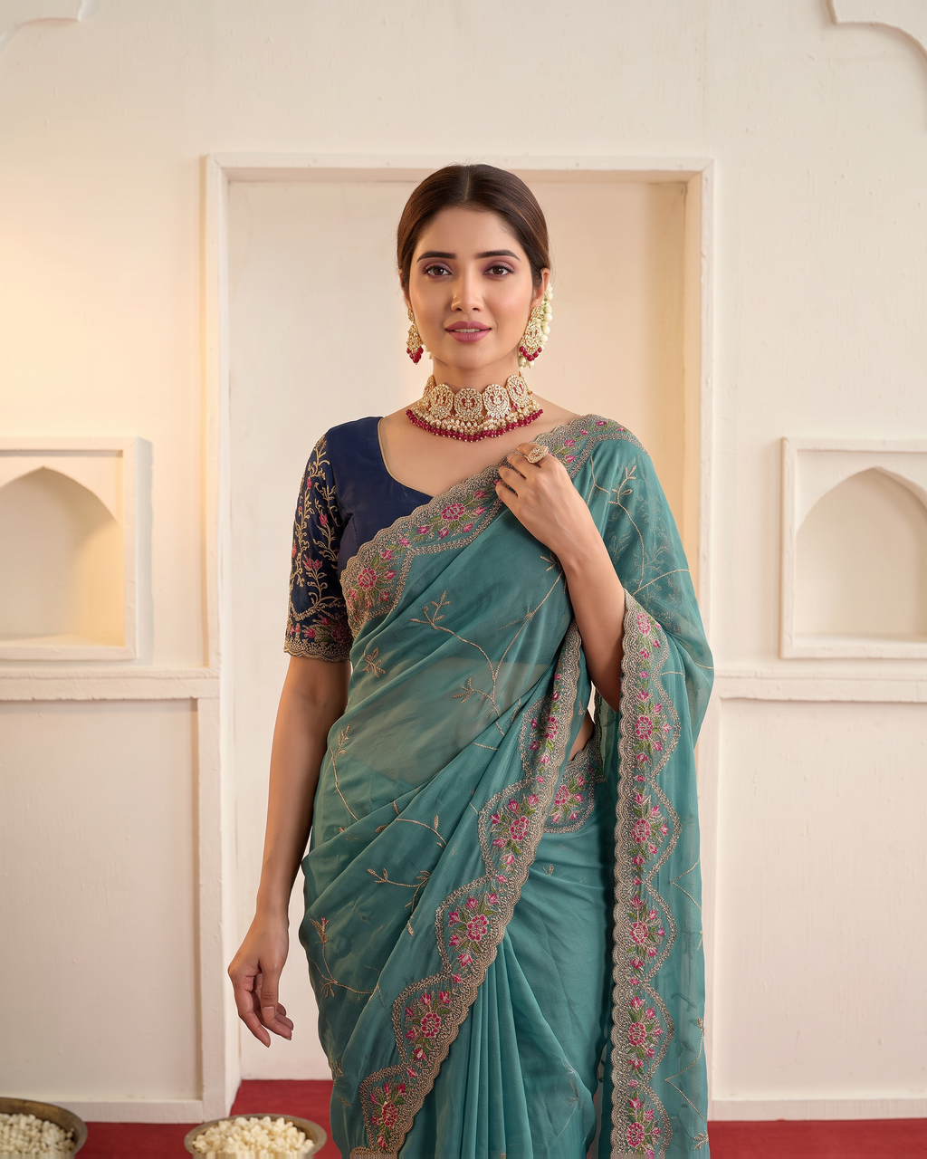 Aadhya Star Meena Jaal Festive Saree with Detailed Motifs - Teal - upper closeup