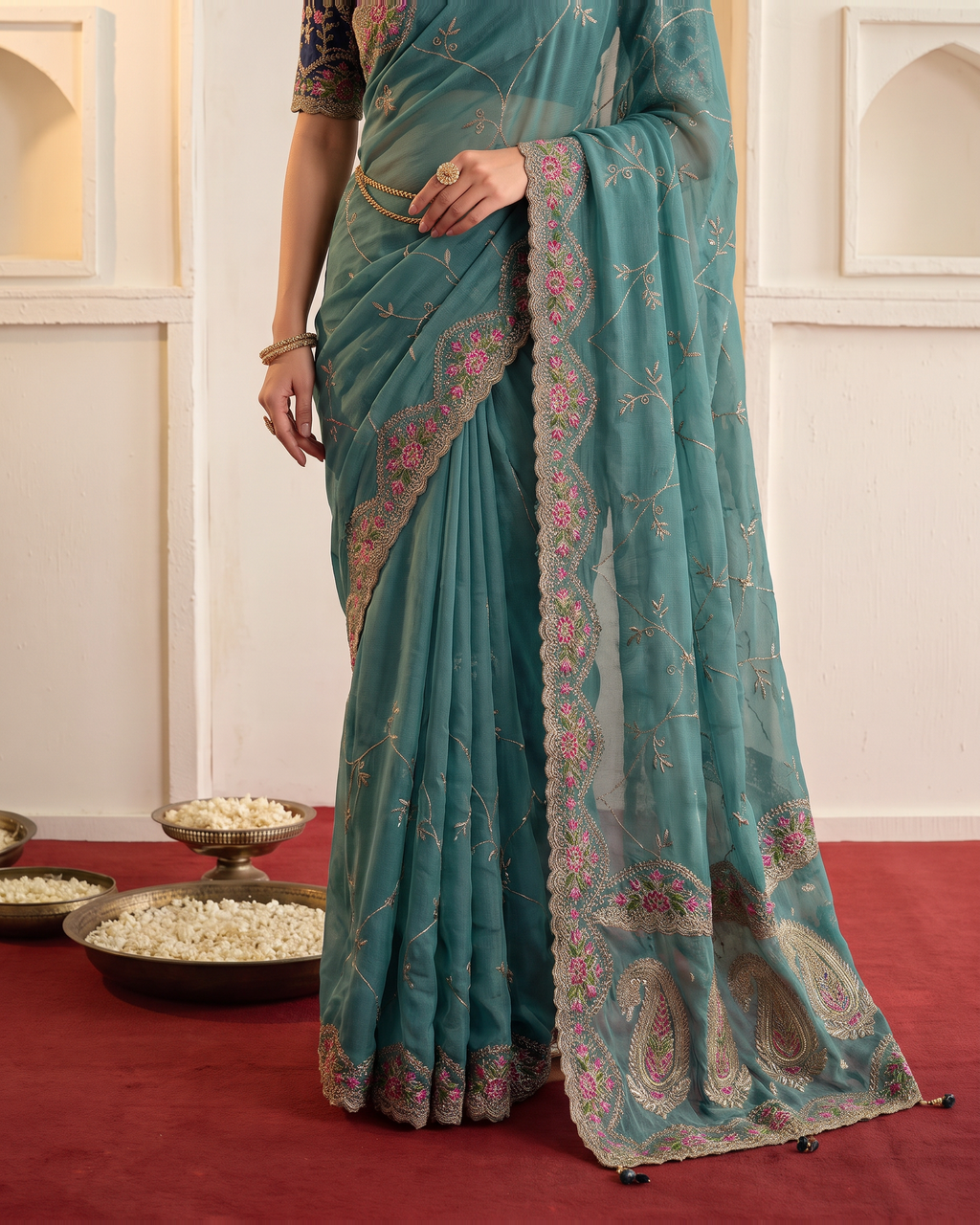 Aadhya Star Meena Jaal Festive Saree with Detailed Motifs - Teal - lower closeup