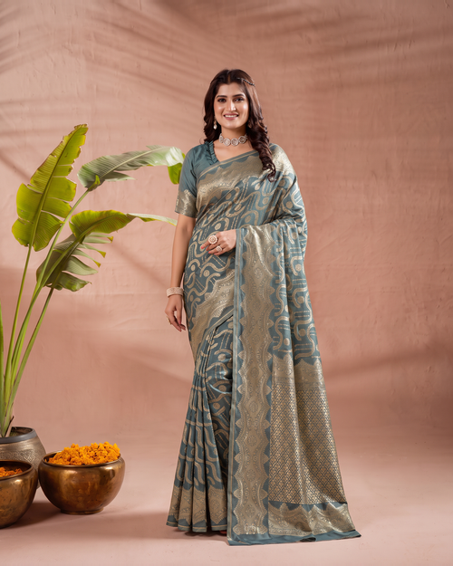 Aadvika Pastel Zari Paithani Silk Saree - Airforce Blue - full saree hero
