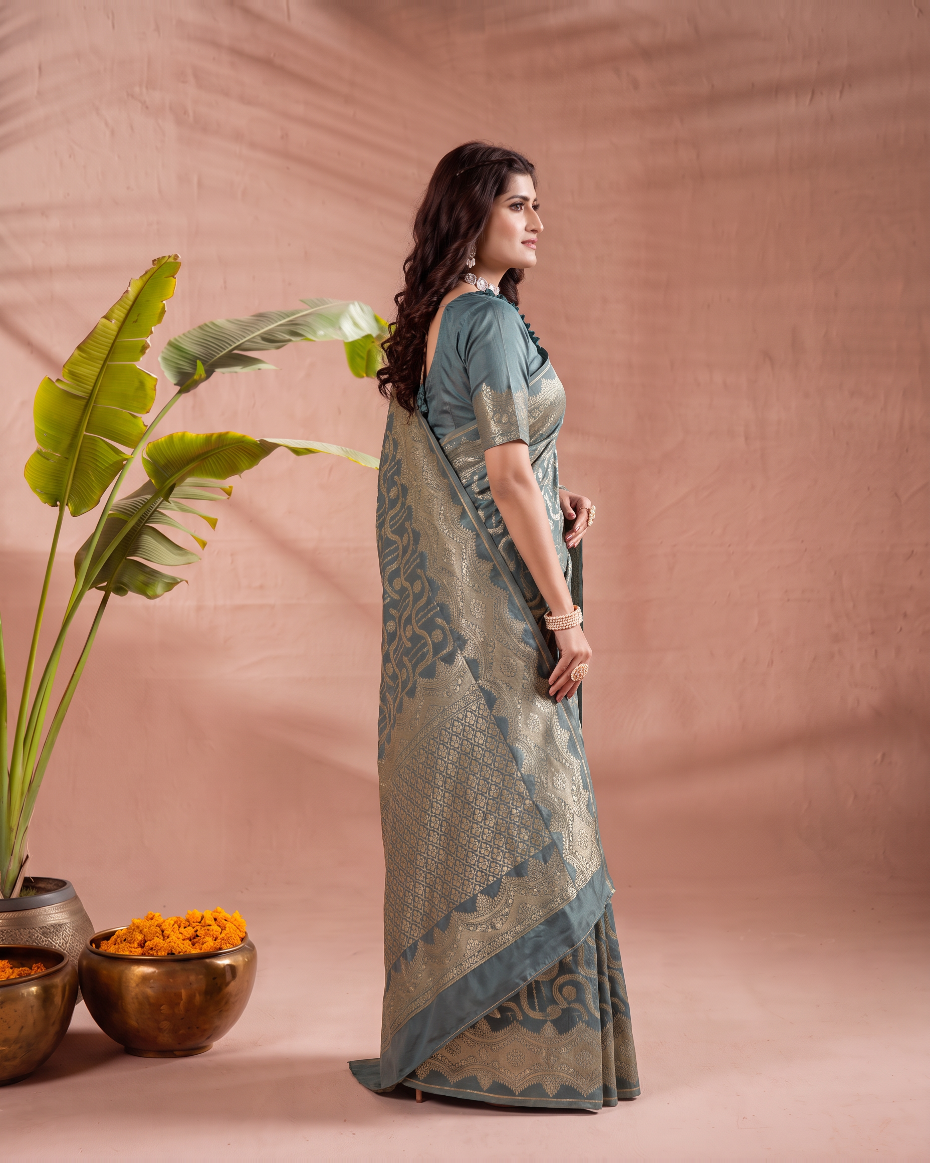 Aadvika Pastel Zari Paithani Silk Saree - Airforce Blue - side drape