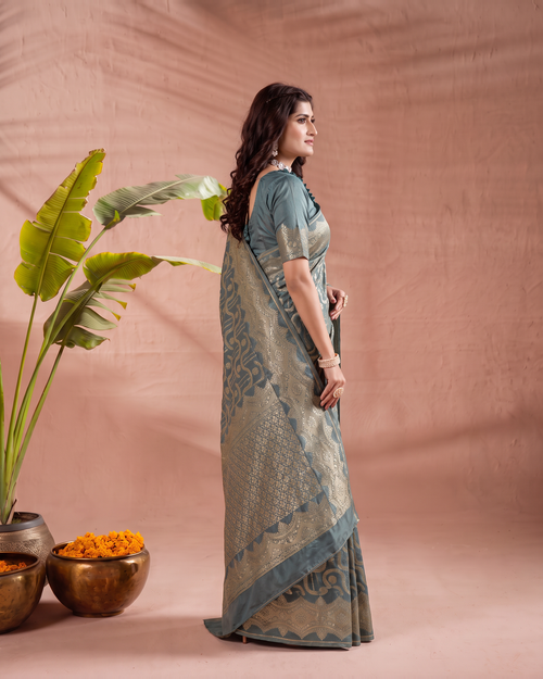 Aadvika Pastel Zari Paithani Silk Saree - Airforce Blue - side drape