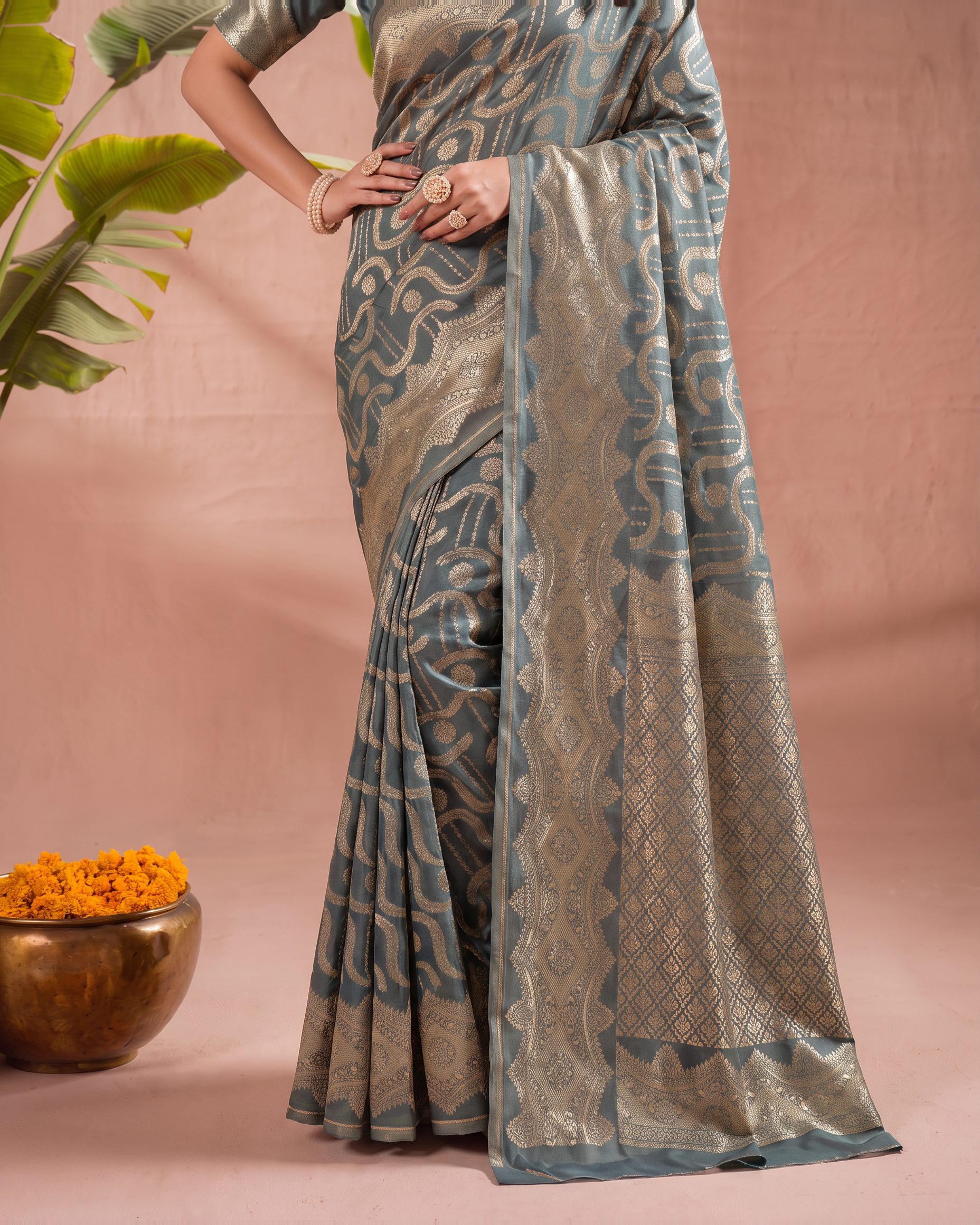 Aadvika Pastel Zari Paithani Silk Saree - Airforce Blue - lower border closeup